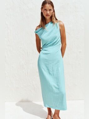 Zara Aqua Off-Shoulder Midi Dress with Broach Detail. NWT